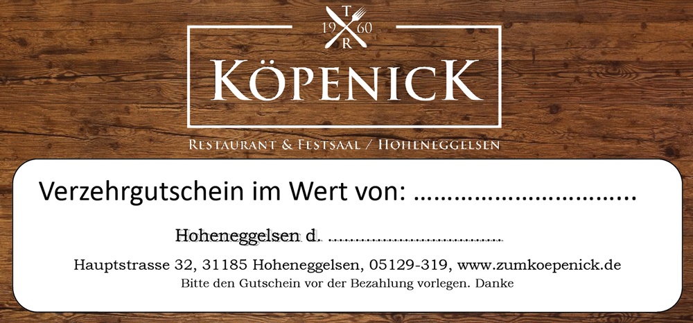 Verzehrgutschein im Restaurant zum Köpenick